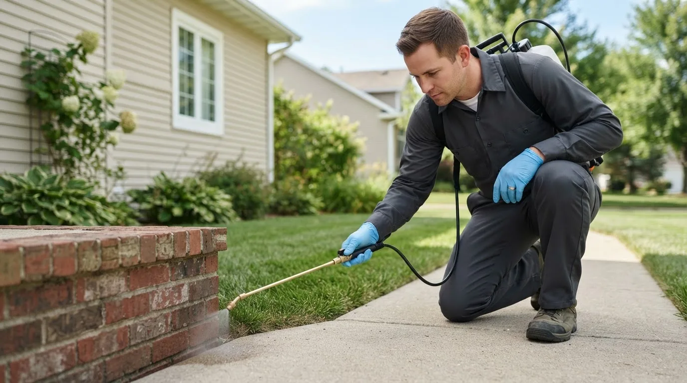 Pest control technician treating a home near Lawrence, PA